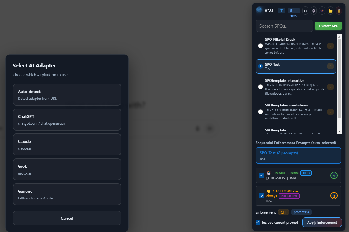 V-F-AI Interface showing AI model selection with financial compliance SCPs